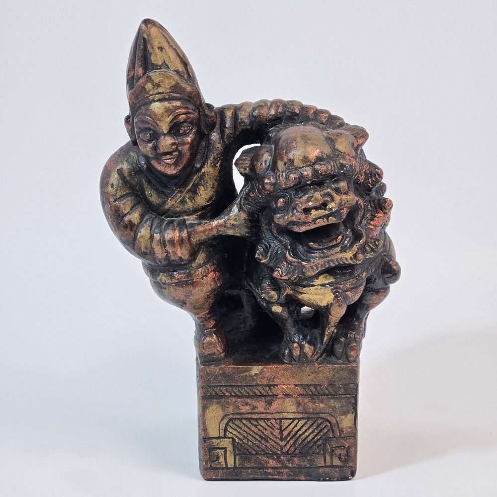 Vintage 1965 Austin Productions Man with Foo Dog Sculpture Bronze Finish Figure